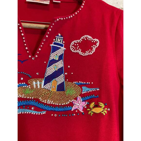 Quacker Factory Top Womens Medium Tunic Red Nautical Beachy Beaded Embroidered - Picture 6 of 16